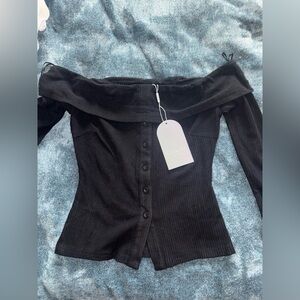 Luvalot Black Off-the-Shoulder Ribbed Button-Front Sweater